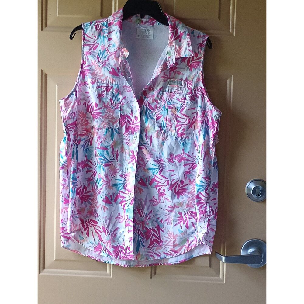Ocean + Coast Floral Sleeveless Performance Shirt Vented Back Pockets XL